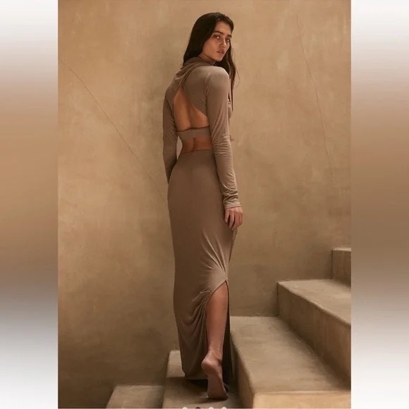 Free People Cierra Fitted Long Sleeve Cropped Top & Maxi Skirt Set Taupe M - Picture 3 of 11